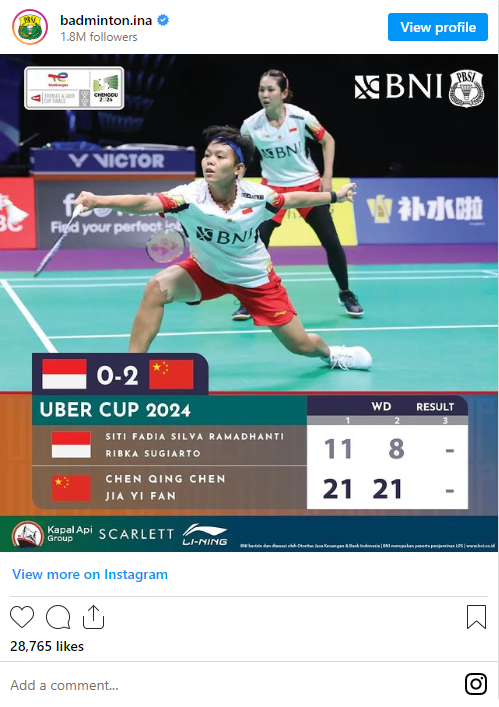 Uber Cup 2024 Final Results: Colored by African Score, Fadia/Ribka Defeat over Chen/Jia, Indonesia 0-2 China